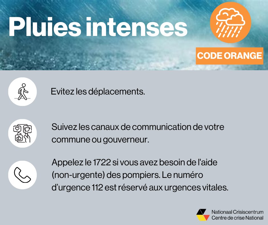 L'IRM émet un code orange météo pour les provinces de Luxembourg, Liège et Namur, et un code jaune pour le Hainaut, les Brabants flamand et wallon, Bruxelles, Anvers et le Limbourg. Les autres provinces restent en code vert.

Que faire en cas de pluies intenses ? Consultez notre