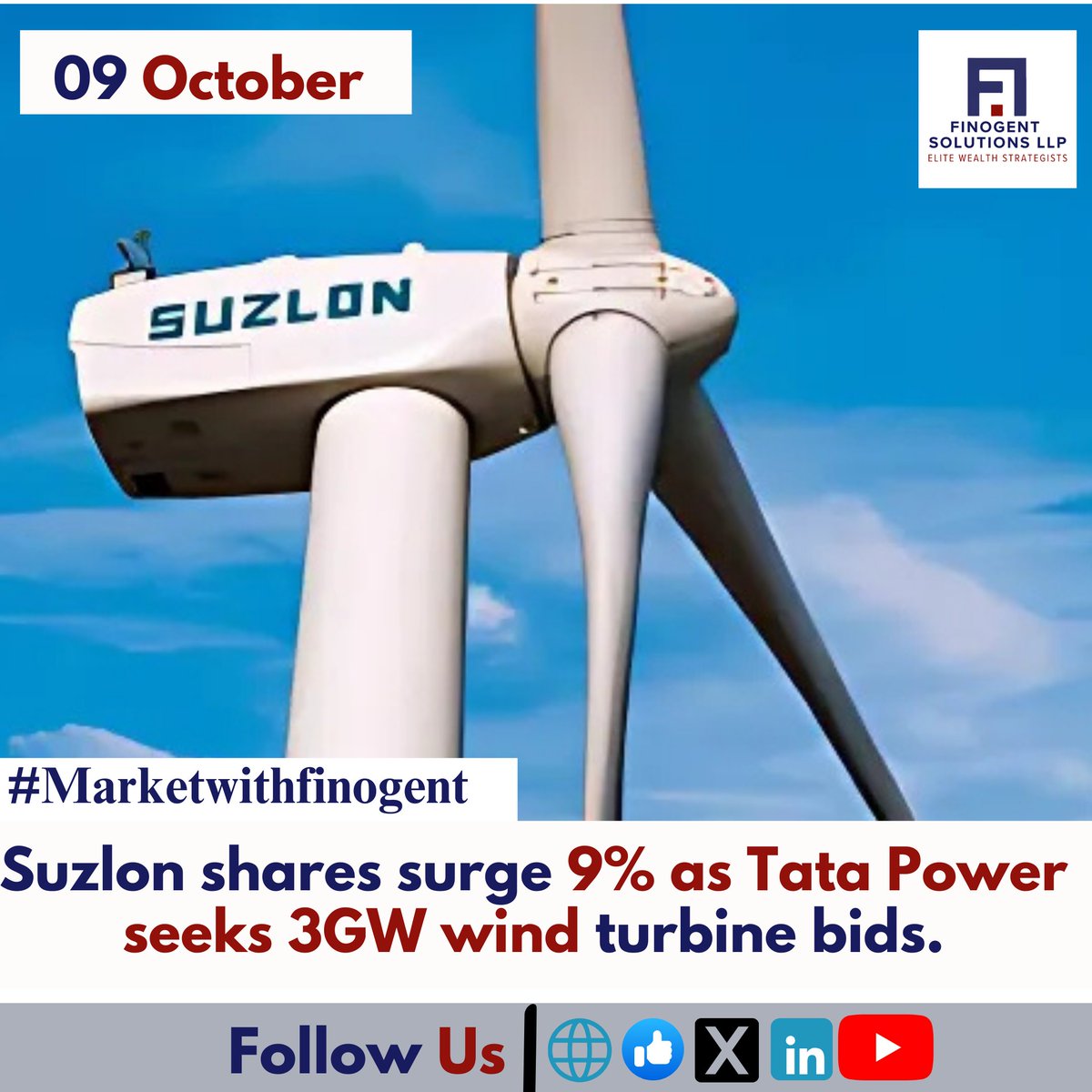 RajatDharSage's tweet photo. @Suzlon  shares soar 9% as @TataPower  seeks 3GW wind turbine supply bids worth ₹21,000 crore! 🌬️⚡ Big opportunities for Suzlon and other OEMs! 
.
.
.
.
#Suzlon #TataPower #WindEnergy #RenewableEnergy #StockMarket #CleanEnergy #EnergyTransition #Finogent" https://t.co/7wQ3BpHgAD