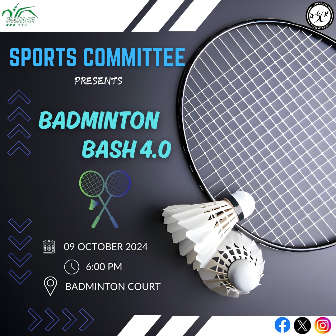 SportsComMANAGE's tweet photo. Step onto the court and get ready to rumble at "Badminton Bash 4.0" 🏸🏆! 
"Intensity at its finest—every serve, smash, and dive is a moment of glory in badminton🔥"
An unforgettable experience awaits, with intense competition and thrilling badminton action 💥! 
#badmintonbash https://t.co/FlfNkDlt1d