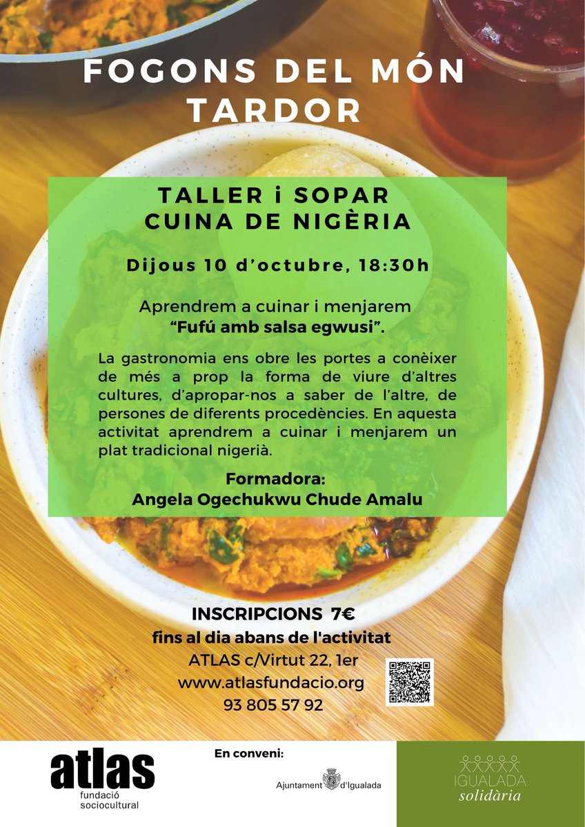 Aquest dijous taller i sopar cuina de Nigèria! No us ho perdeu. #ATLAS #rodaelmon #octubresolidari #Igualada