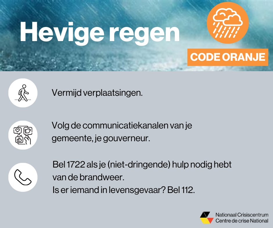 Het KMI kondigt code oranje af voor de provincie Luxemburg, Luik en Namen. In Henegouwen, Vlaams-Brabant, Waals-Brabant, Brussel, Antwerpen en Limburg geldt code geel. De andere provincies blijven in code groen.

Wat te doen bij hevige regenval? Raadpleeg onze website