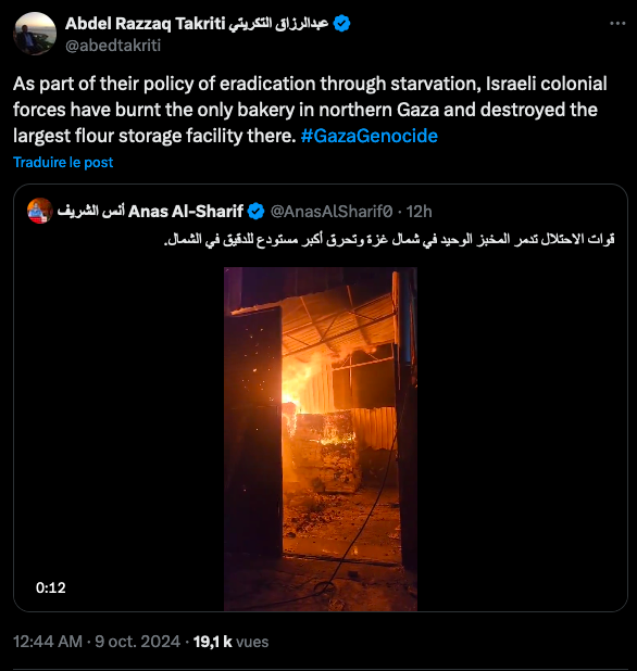Les nouvelles du front de ce matin : une fillette de 5 ans massacrée sous un déluge de 355 balles, un homme de 66 battu à mort après s'être interposé entre l'IDF et des jeunes de son quartier, une femme handicapée brûlée vive, la dernière boulangerie de Gaza partie en fumée.