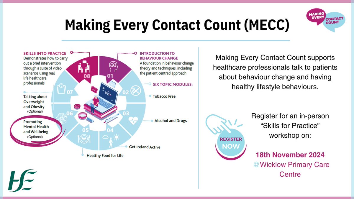 📢Attention Dublin South and Wicklow staff
MECC e-learning includes a module on Promoting Mental Health and Wellbeing. Complete the e-learning &amp; join the practical workshop 18th Nov to enhance your brief intervention skills. Register: bit.ly/3ZwbKj5 #WorldMentalHealthDay