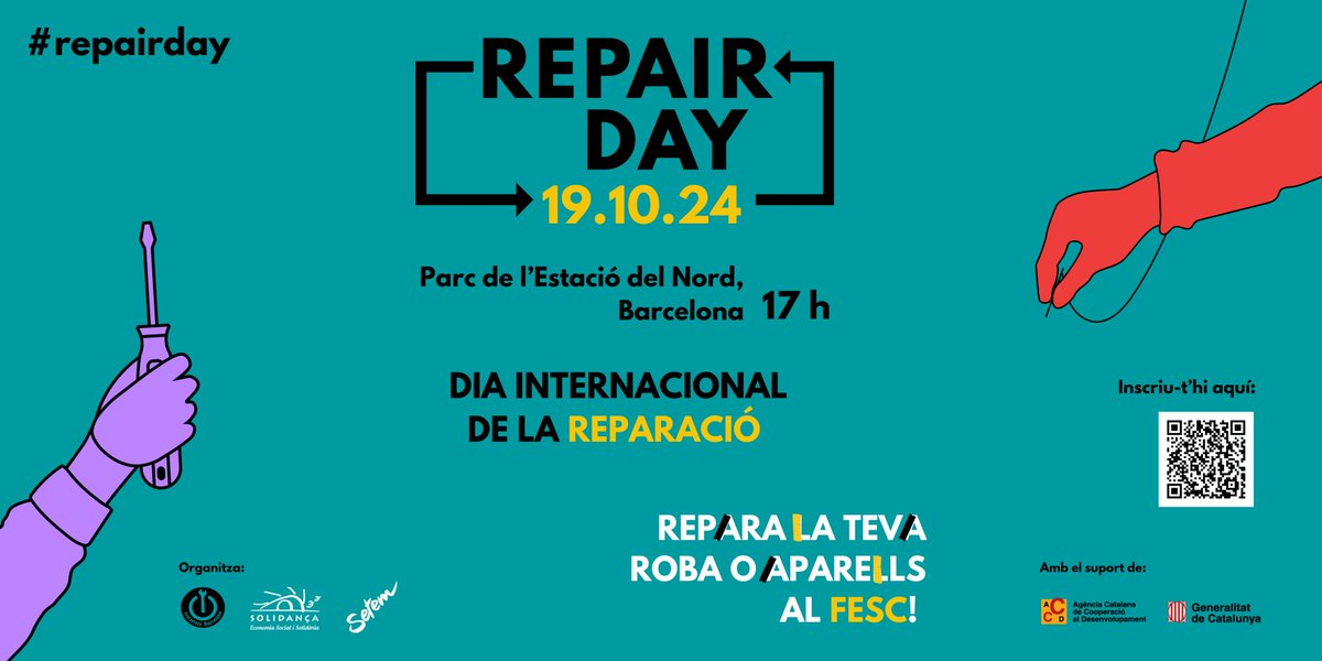 <a href="/Solidanca/">Solidança Treball</a> <a href="/restartersbcn/">Restarters Barcelona</a> 🌱 Només cal que t'inscriguis i portis la roba o aparells que vulguis reparar i ganes d'aprendre.

🛠️ Reivindiquem el dret a reparar en el Dia internacional de la reparació, i plantem cara a les deixalles tèxtils i electròniques!

😊 Inscripcions: nextcloud.pangea.org/apps/forms/s/J…