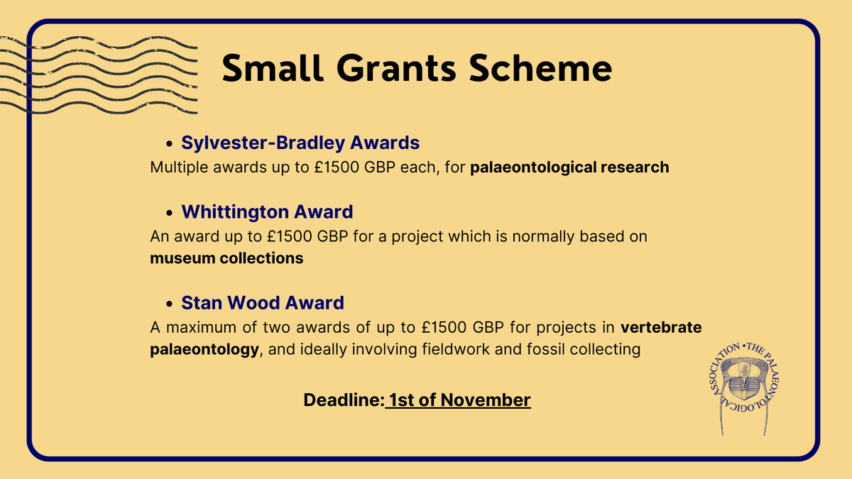 ❓Do you know that  #PalAss offers multiple awards each year, in honour of four  donors, to fund palaeontological research, travel and fieldwork?

💰Check out our Small Grants Scheme: tinyurl.com/3ujr55cf

⌛️Application deadline: 1st of November