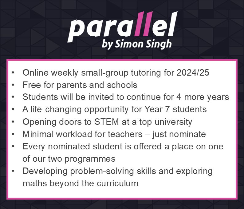 UK TEACHERS! Nominate your keenest Year 7 mathematicians for my Parallel Academy by Oct 18. Find out more parallel.org.uk/?teachers 
164 schools have nominated kids, but let's hit 250. A life-changing opportunity. ALL nominees guaranteed a FREE place on one of our programmes.