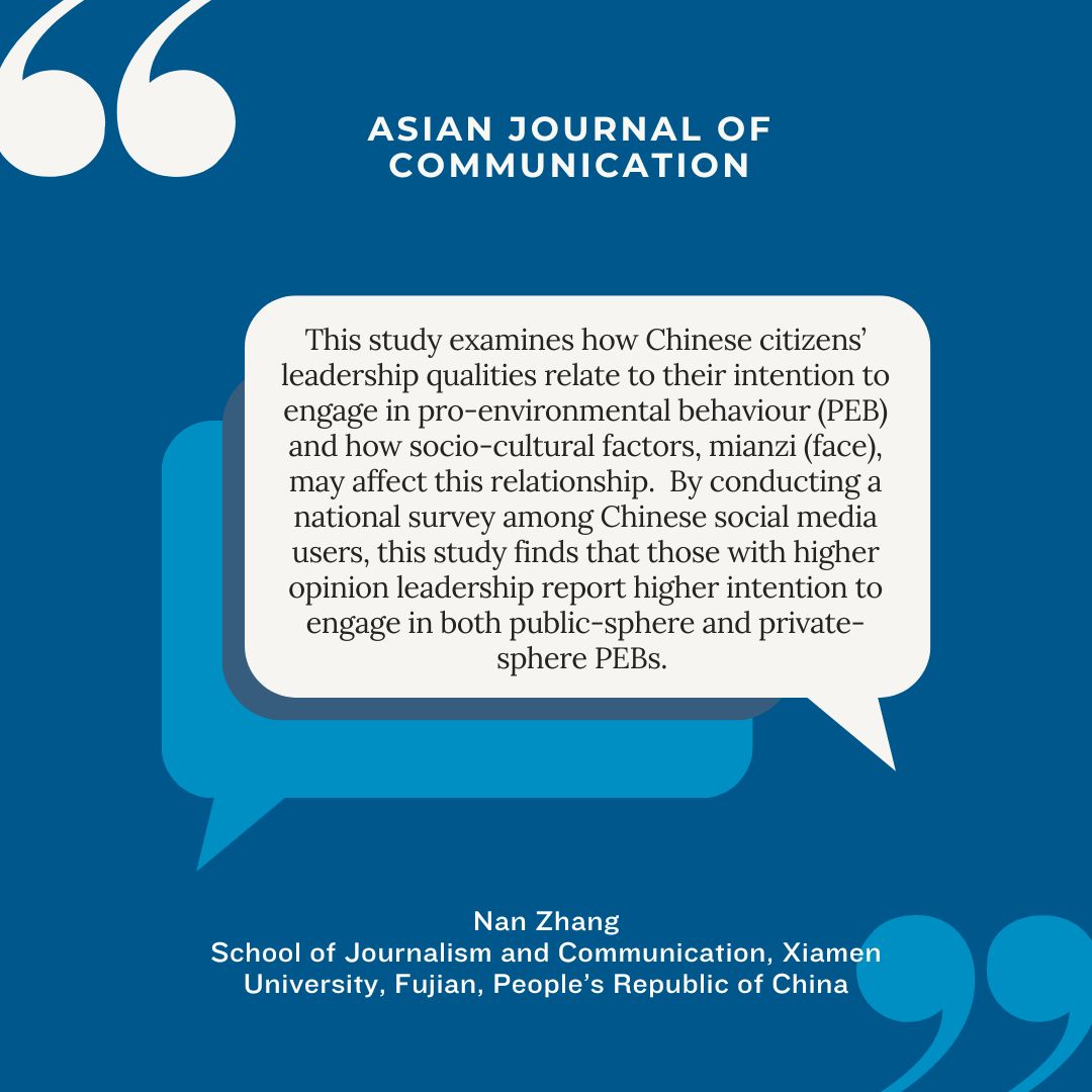 AsianJComm's tweet photo. Discover how opinion leadership shapes behavior in Confucian cultures. Dr. Nan Zhang @HNancy2023 explores how interpersonal trust and leadership drive environmental action in China.  https://t.co/enphrPnZ7e https://t.co/aebNTycHvh