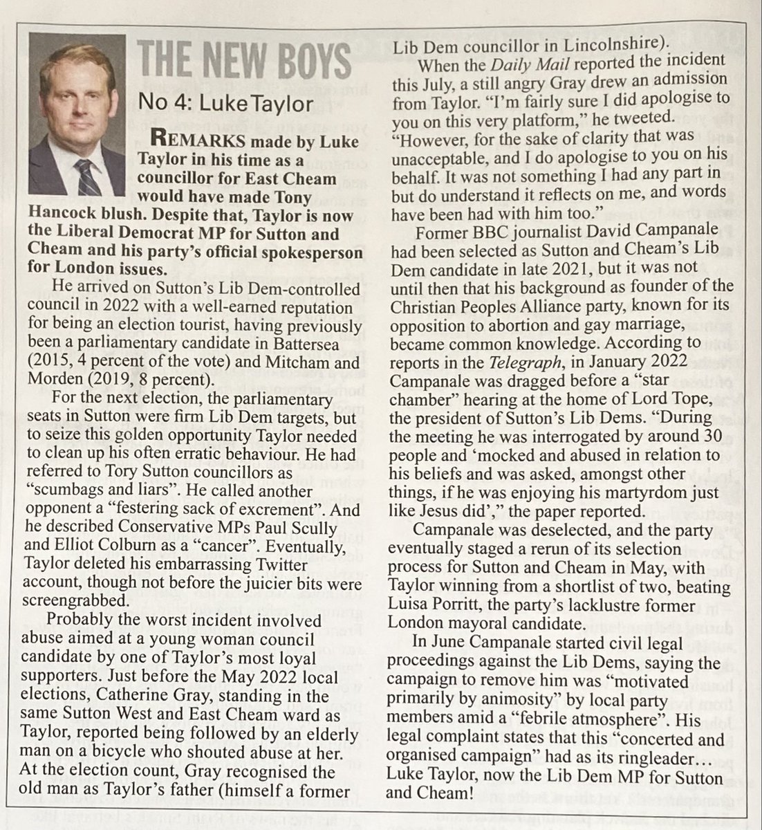 Sutton &amp; Cheam’s new MP, Luke Taylor <a href="/LukeTaylorLD/">Luke Taylor MP</a> makes his debut in <a href="/PrivateEyeNews/">Private Eye Magazine</a> – no doubt the first of many appearances by this fine piece of human sandpaper <a href="/InsideCroydon/">Inside Croydon</a>