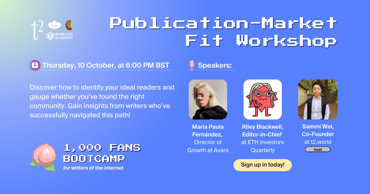 🚨 You can still sign up for the Publication-Market Fit Workshop tomorrow! 🍑

Let's discuss how to identify your ideal readers and connect with the right audience with insights from <a href="/MPtherealmvp/">maria paula</a>, Director of Growth at <a href="/avara/">Avara</a> <a href="/LensProtocol/">Lens</a>  and @rileybeans_eth, Editor-in-Chief
