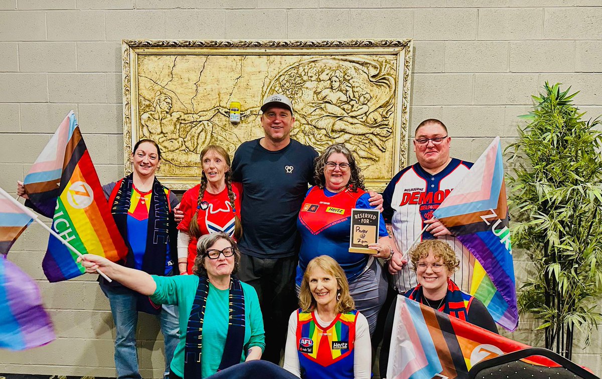 Watching #AFLWCrowsDees #Pride game at David Neitz’s <a href="/brewmanityAU/">brewmanityAU</a> in Melbourne and barracking so loudly they can probably hear us in Adelaide 😄❤️💙🏳️‍🌈🏳️‍⚧️