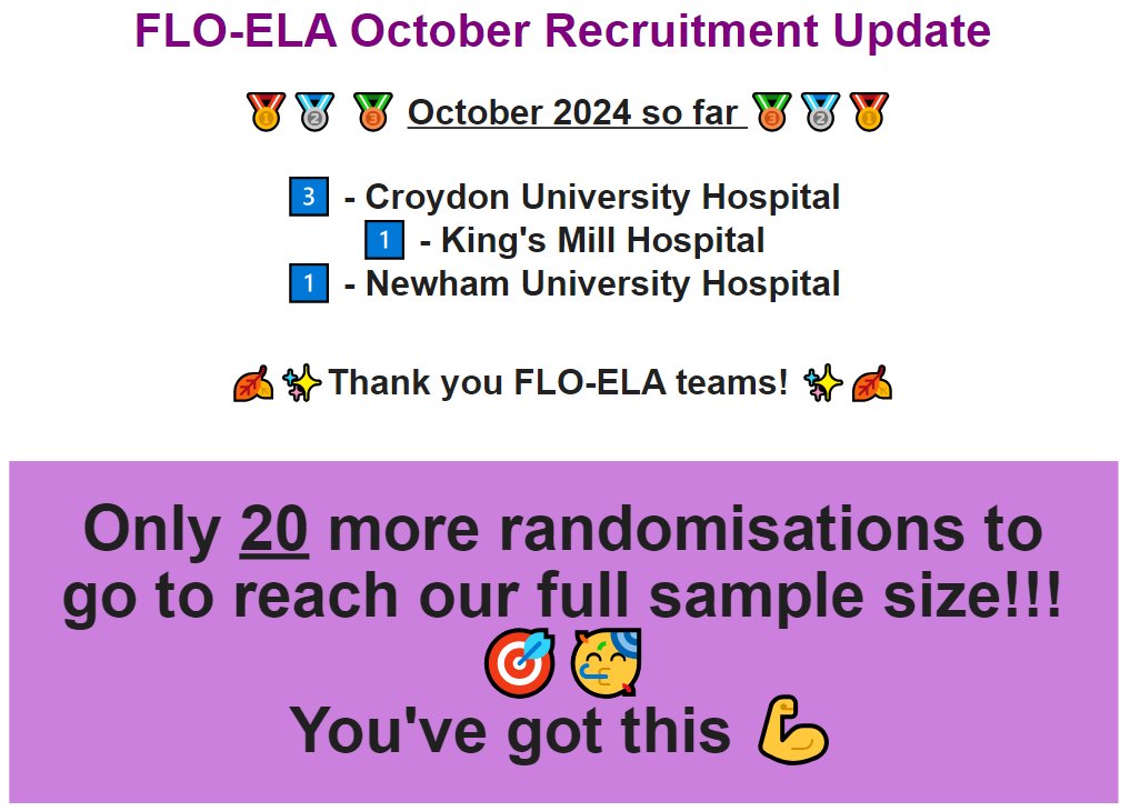 FLO-ELA trial (@floelatrial) on Twitter photo The first week of October was GREAT for FLO-ELA recruitment, with 5 randomisations in one week ‼ Thank you as always to the recruiting sites making this important research possible ❤ <a href="/croydonhealth/">Croydon Health Services NHS Trust</a> <a href="/SFHFT/">Sherwood Forest Hospitals NHS FT</a> <a href="/SFHresearch/">researchSFH</a> <a href="/NewhamICU/">Newham University Hospital Intensive Care Unit</a> #GoFloGo The first week of October was GREAT for FLO-ELA recruitment, with 5 randomisations in one week ‼ Thank you as always to the recruiting sites making this important research possible ❤ <a href="/croydonhealth/">Croydon Health Services NHS Trust</a> <a href="/SFHFT/">Sherwood Forest Hospitals NHS FT</a> <a href="/SFHresearch/">researchSFH</a> <a href="/NewhamICU/">Newham University Hospital Intensive Care Unit</a> #GoFloGo