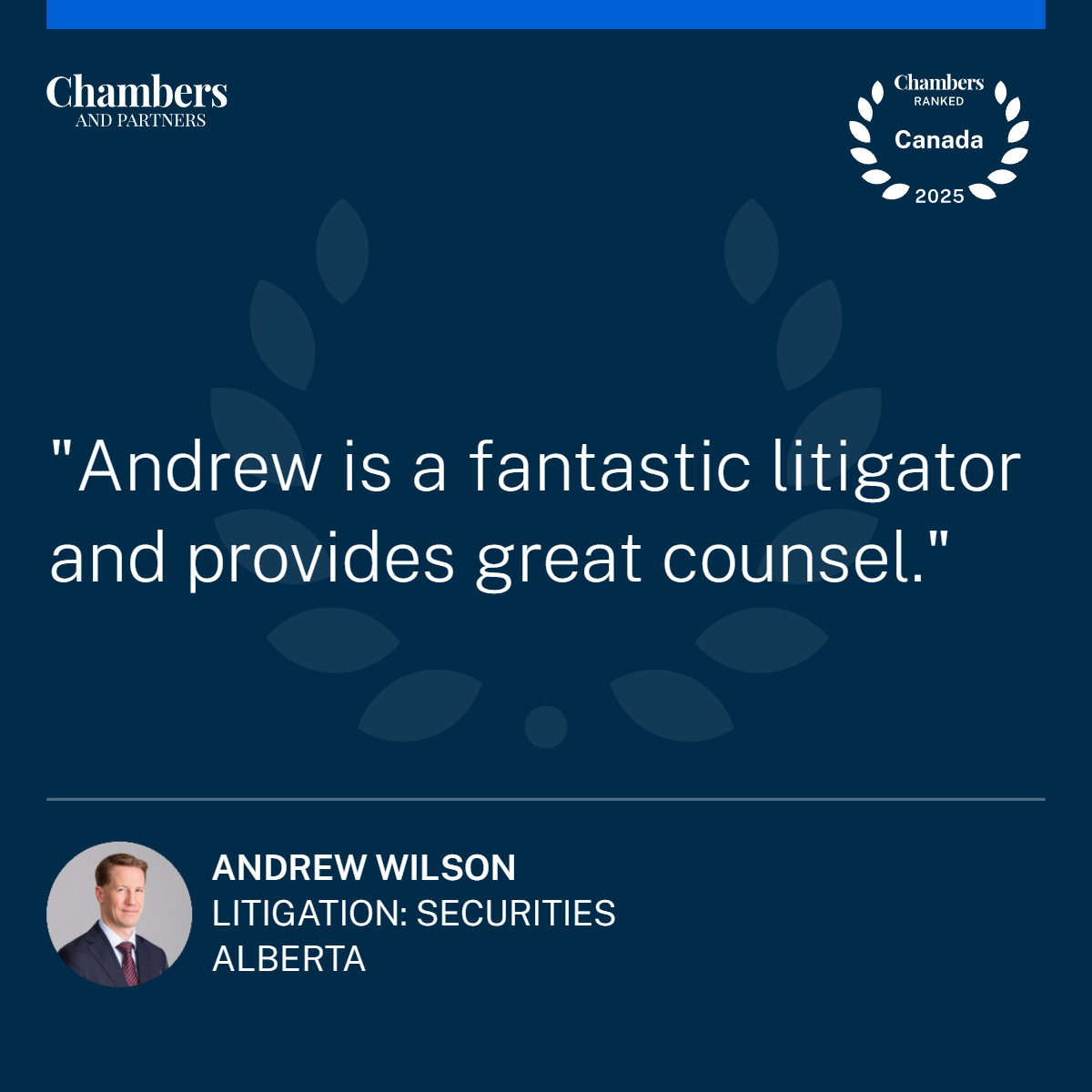 JSSBarristers's tweet photo. We are thrilled to see client feedback shine a spotlight on Andrew Wilson's work. As one client put it, “Andrew Wilson is a fantastic litigator and provides great counsel,” and we couldn't agree more.
#ClientSuccess #ChambersCanada #LitigationExcellence #JSSBarristers https://t.co/Qdu3JrwRs7