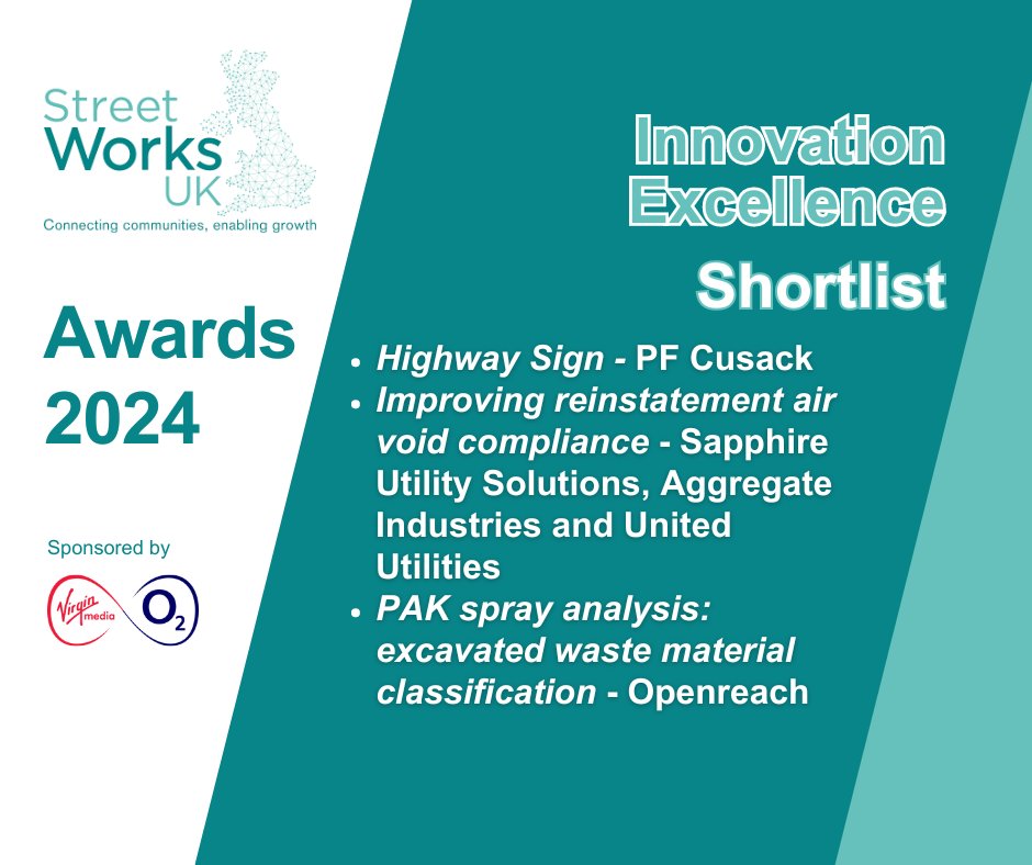 We are pleased to announce our shortlist for the Innovation Excellence Award at Street Works UK's Awards 2024!

Thanks to all who entered, we look forward to announcing our winners, and showcasing the best of our industry on 10th October in Parliament.