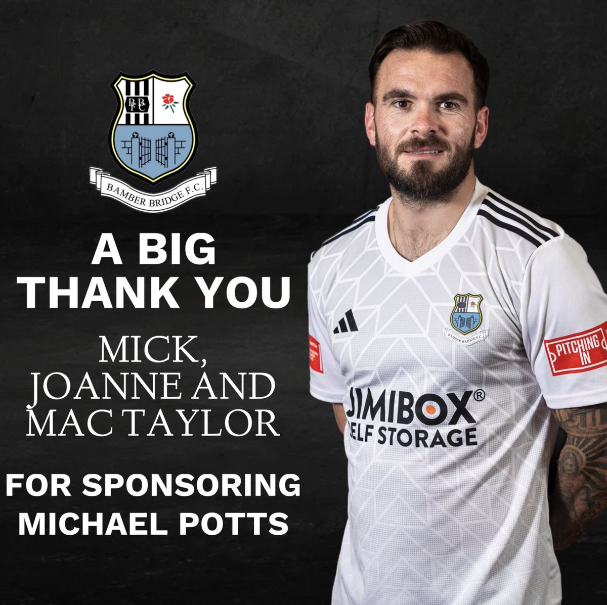 SPONSOR SHOUT OUT 🤙

Huge thanks to <a href="/micky_t73/">Micky T</a>, Joanne and Mac Taylor for sponsoring our captain <a href="/michaelpotts19/">Michael Potts</a> for this season. 🖤🤍

#UpTheBrig