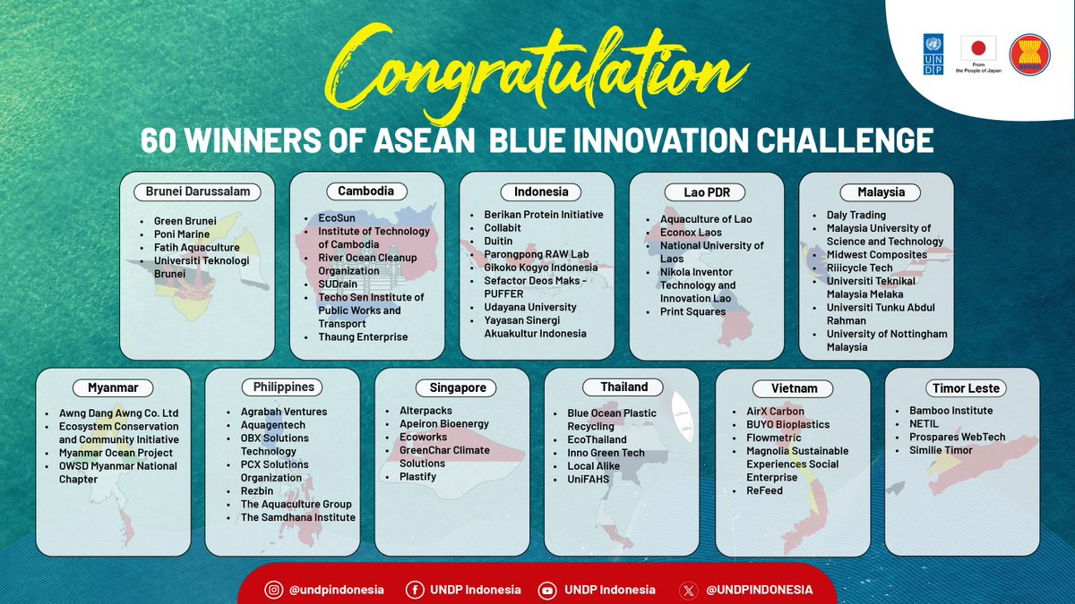 ASEAN, Japan, and UNDP have announced the 60 winners of the ASEAN Blue Innovation Challenge (ABIC)! 🎉 These innovators are tackling marine challenges like sustainable fisheries, plastic pollution, and eco-tourism across ASEAN and Timor-Leste. 🌱♻️ Congrats to all! Stay tuned!💙