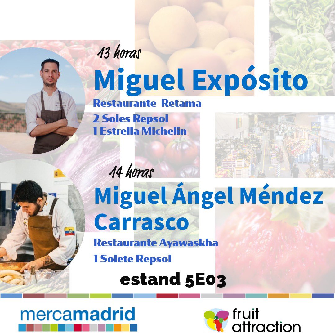 mercamadrid_hoy's tweet photo. 🆙Si no pudiste visitarnos ayer en alguno de nuestros #showcookings hoy tienes una nueva oportunidad de disfrutar del talento entre fogones de:
👨🏻🍳Miguel Expósito del restaurante Retama que nos preparará un biscocho de pisto con tomate pasificado y aceitunas negras, un gazpacho de uva con melón, calabaza y pepino y una ensalada de tomate con mango y encurtidos
👨🏻🍳Miguel Ángel Méndez Carrasco del restaurante Ayawaskha que nos preparará una exquisita degustación con sabores “del sur de Andalucía y de diferentes gastronomías del mundo”
#FruitAttraction24