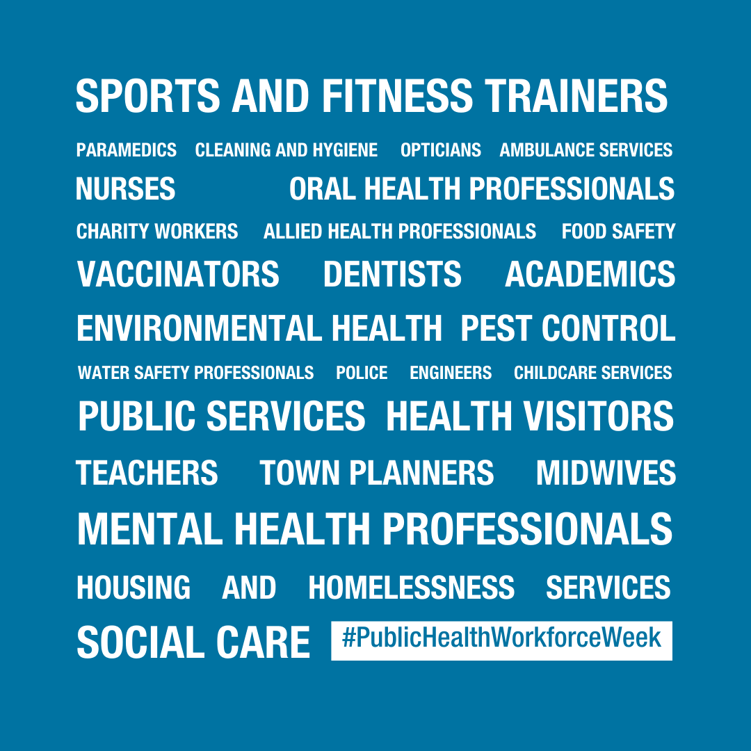 Up to 1.5 million people make up the wider public health workforce. #PublicHealthWorkforceWeek

From teachers to town planners, paramedics to pest control, there are millions of people who could have an impact on the health of the nation.

Learn more at rsph.org.uk/PHWW