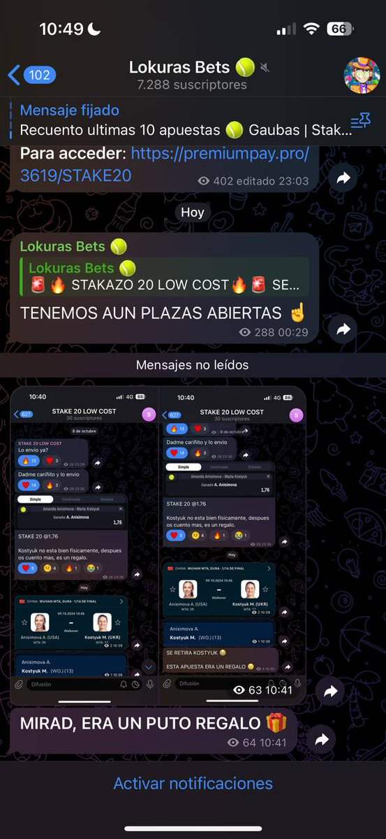 👺“Lokuras Bets” (asociado con Markilokuras <a href="/MarkiLokurasY/">Marki</a>, el streamer), vende una apuesta por supuesta lesión de una tenista (Kostyuk) y pone que gana Anisimova. 

😂 La que se retira por la mañana es Anisimova, y lo vende, tanto en el privado como en el free, como si hubiera