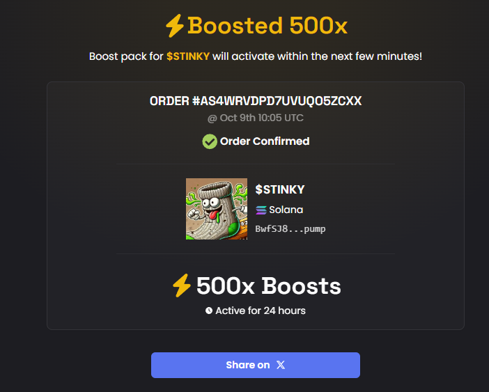 🎟 We’ve grabbed 500x GOLDEN TICKETS on Dexscreener! 

Now we’re shining AND stinking. Stay tuned for premium $STINKY visibility—it's going to be glorious!  

🧦 Contract: BwfSJ8Hi4VP9oNFKK5LhqCPAXaZPWb8AHwVE3k9Epump

🧦 Dex: dexscreener.com/solana/BwfSJ8H…
