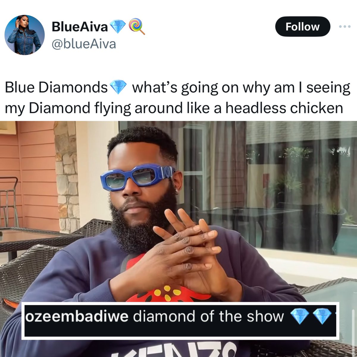 Erica_Primkay's tweet image. Blue Aiva go soon vex for us 🤣
She brought “Operaaaateeee!!!!” dem begin use am for All Stars and No Loose guard 😆 now the Diamond 💎 logo wey she don dey use since #BBTitans season, dem don carry am now 😆 you people are mean ooh 🙆🏻‍♀️🤦🏻‍♀️😅!! 

#BBNaija