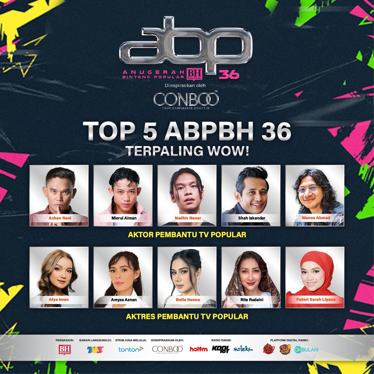 bharianmy's tweet photo. Pengumuman penting! Inilah barisan artis Top 5 ABPBH 36. Adakah artis kegemaran anda dalam senarai? Jangan lupa menonton ABPBH 36 Jumaat ini jam 9 malam di TV3

#beritaharianonline
#teguhbersama
#abpbh36
#teguh 
#undiabpbh36 https://t.co/ASGlVZrPOs