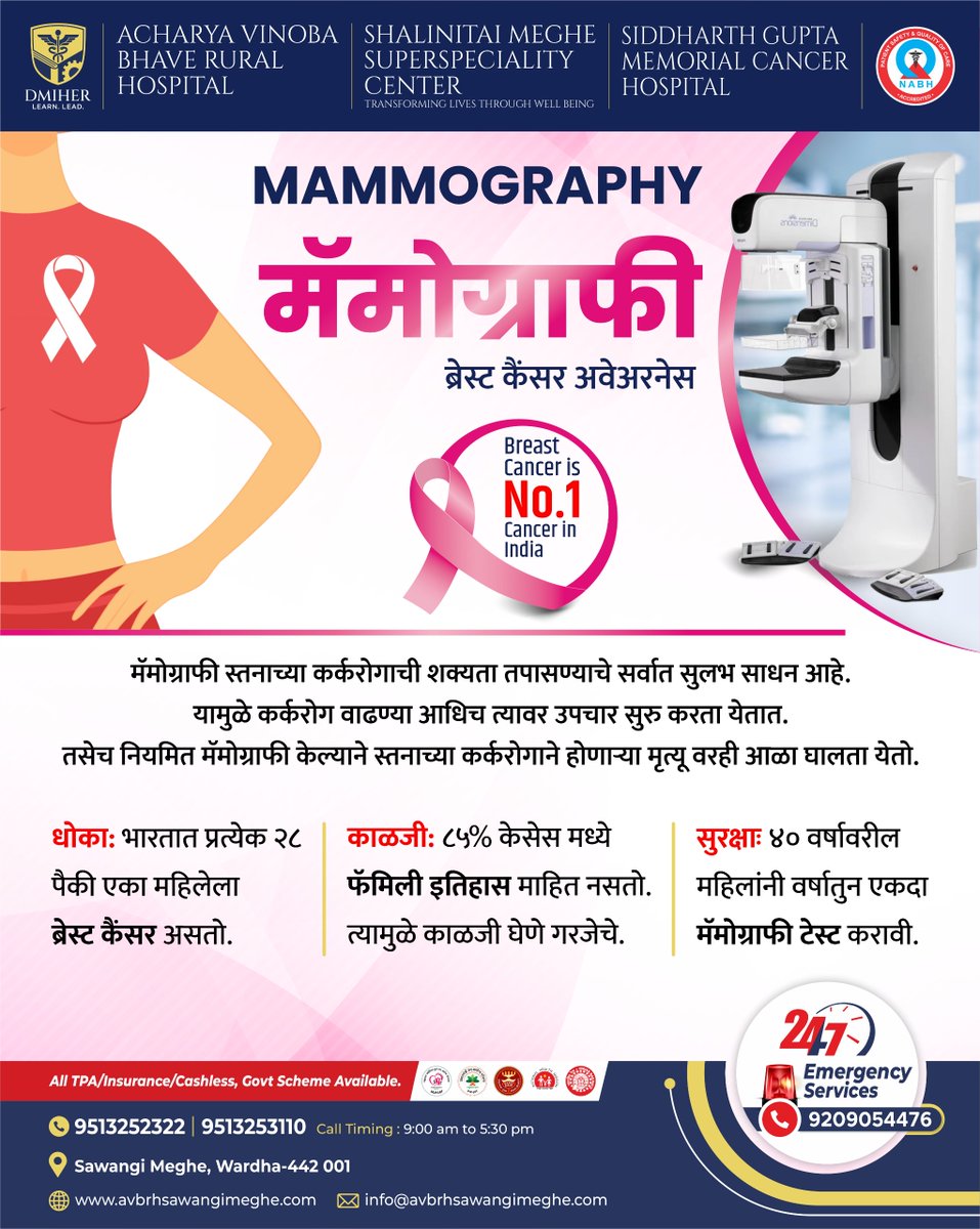 sgmchospital's tweet photo. मॅमोग्राफी: स्तनाच्या कर्करोगावर विजय मिळवण्याचा सुलभ मार्ग! 🎗️
भारतात प्रत्येक २८ पैकी एका महिलेला ब्रेस्ट कॅन्सर होतो. ४० वर्षांवरील महिलांनी दरवर्षी मॅमोग्राफी करून स्वतःची काळजी घ्या आणि कर्करोगाला लवकर ओळखा.

#स्तनकर्करोगजागरुकता #मॅमोग्राफीमहत्त्वाची #BreastCancerAwareness https://t.co/g9NAXWjW7s