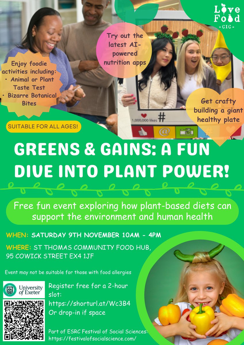 DrNatLawrence's tweet image. Free registration is open for our foodie, crafty and digital #ESRCFestival event on #PlantBased diets @lovefoodcic food hub Saturday 9th November eventbrite.co.uk/e/greens-gains… @UniofExeter @exeterpsych