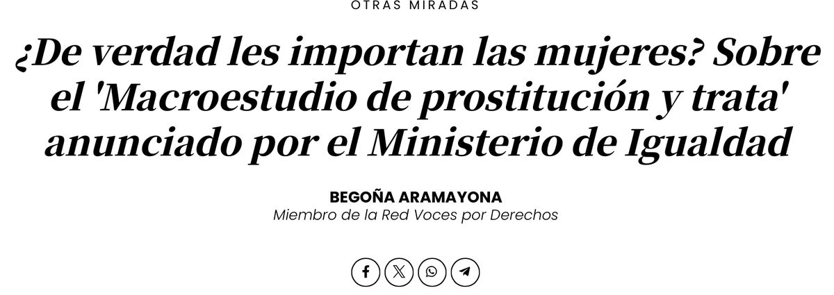 Ayer publicaron esto que he escrito en <a href="/publico_es/">Público</a>  sobre el "Macroestudio de prostitución y trata" anunciado por el M. de Igualdad. 

Y ya llueven las críticas maleducadas y acusaciones de ser parte del "lobby proxeneta". Nada más lejos. Así que va🧵
blogs.publico.es/otrasmiradas/8…