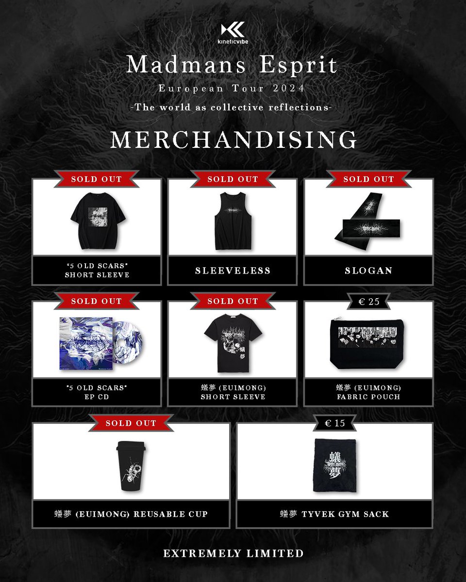 Kinetic Vibe (@kinetic_vibe) on Twitter photo Almost all the Korean Merch is sold out!🔥
🚨 For everyone who asked: this is just the merch that came from the Korean tour! The official merch from the European one is still available and you will find it at all stops!
<a href="/MadmansEsprit/">Madmans Esprit</a>
#madmansesprit #madmansespritineurope Almost all the Korean Merch is sold out!🔥
🚨 For everyone who asked: this is just the merch that came from the Korean tour! The official merch from the European one is still available and you will find it at all stops!
<a href="/MadmansEsprit/">Madmans Esprit</a>
#madmansesprit #madmansespritineurope