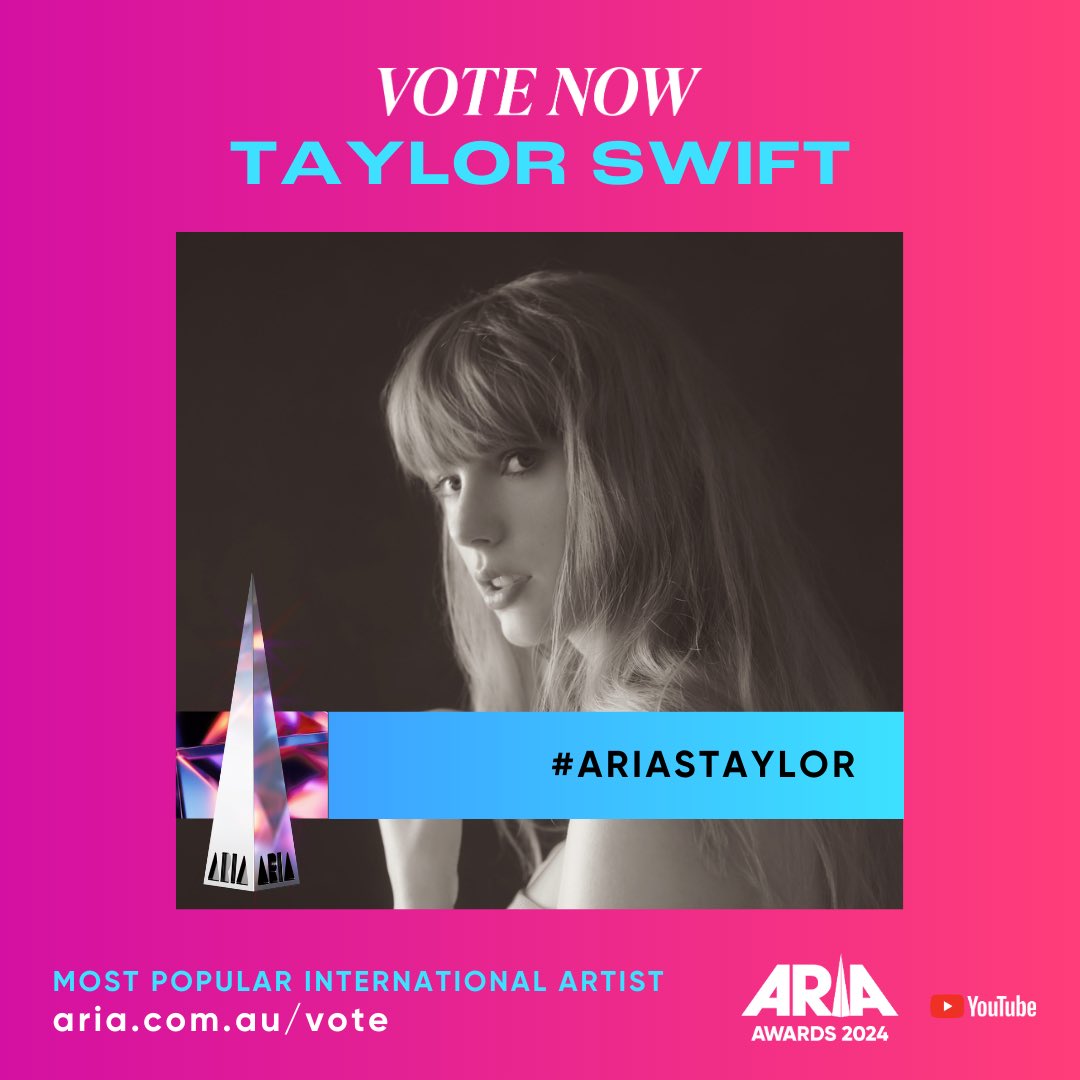 ARIA_Official's tweet image. Calling all #Swifties 💫 

VOTE for @taylorswift13 NOW at aria.com.au/vote/internati… 

#ARIASTAYLOR #TaylorSwift #TaylorNation  #ARIAAwards #ARIAs