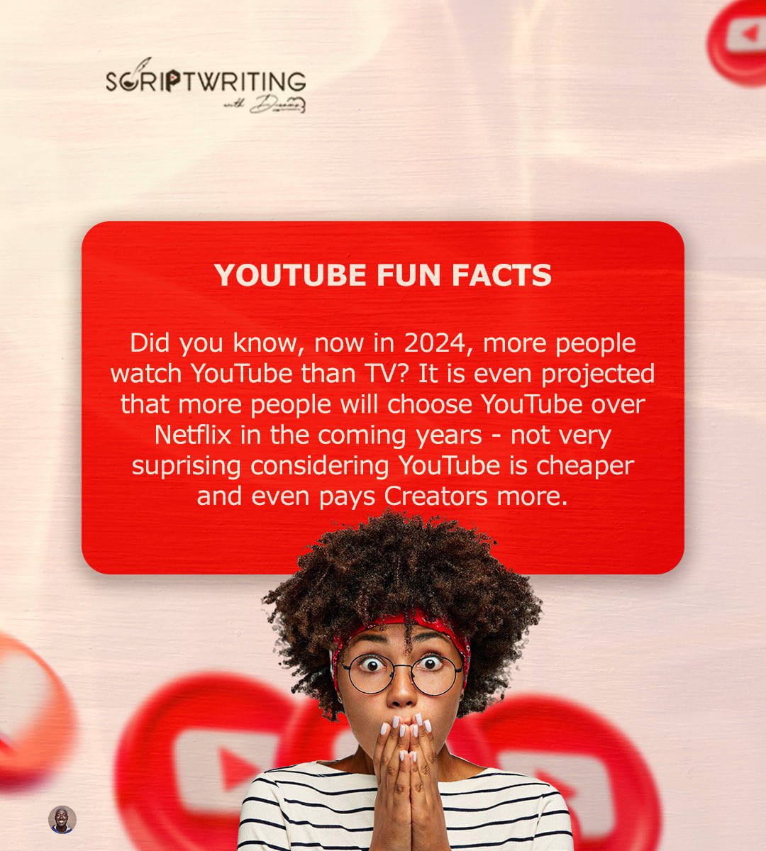 wescriptmarket's tweet image. THE FUTURE IS YOUTUBE! 

Did you know YouTube surpasses TV viewership? 

Stay ahead with high-quality scripts! 

Our scriptwriting service helps creators and brands shine on YouTube. 

Let&apos;s collaborate! 

#YouTubeScriptwriting #VideoContent #GrowthHack #SWD