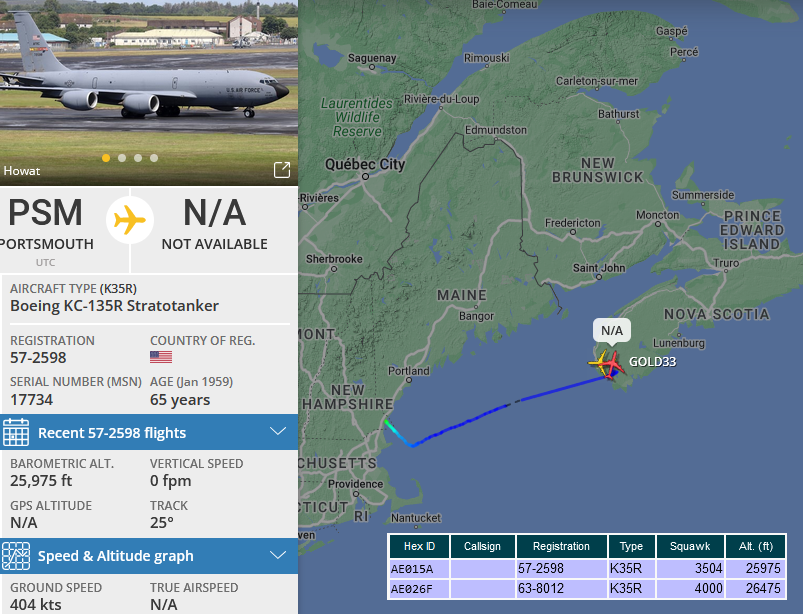 SirListenalot's tweet photo. #KC135's #AE015A #GOLD23 and #AE026F #GOLD33 in the hold over N4340W066 about to pick up four "MO" #F15's #TABOR83 out of Bangor https://t.co/RxT4hXyd5W