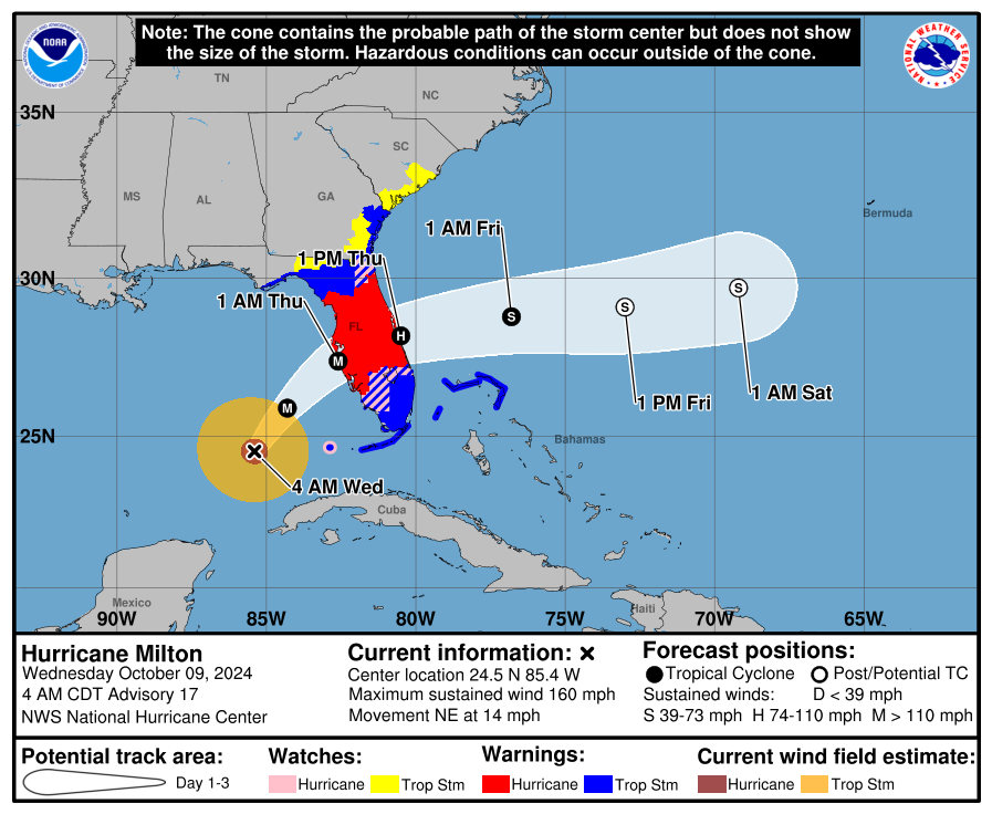Johnny_Deal's tweet photo. Good Morning weather warriors! While our weather in SC will be good through the weekend; not so much for our friends in Florida! ๐ช Here is the 5 am update on Major Hurricane #Milton. I have also included wind gust estimates for SC for Thursday. #PrayForFL ๐ #weather https://t.co/x52z1fBLFn
