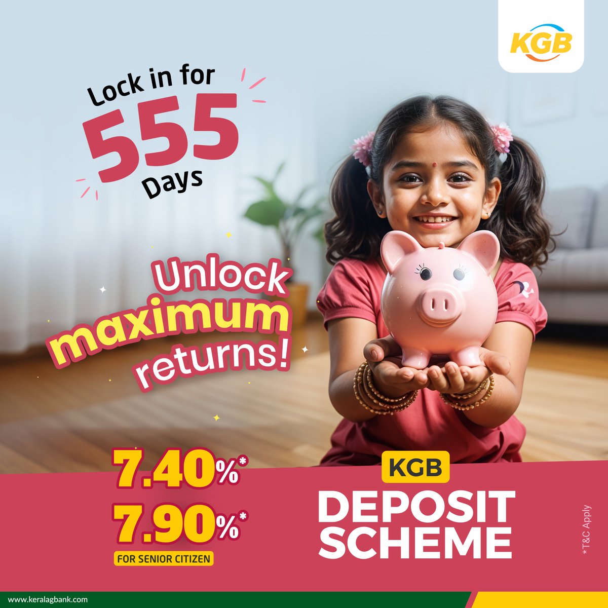 KeralaGBank's tweet image. Lock in for 555 days
Unlock maximum returns!

KGB Deposit Scheme

ROI @ 7.40%* General
ROI @ 7.90%* Senior citizen

#keralagraminbank #kgb #depositscheme #deposit #banking #loans