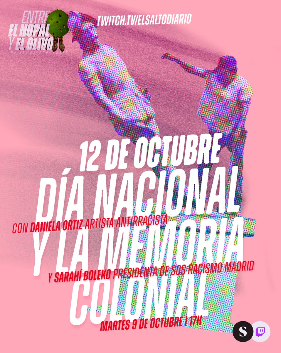 📺Esta tarde, a las 17h 🌵Entre el nopal y el olivo🌳
12 de octubre: El día nacional y la memoria colonial.

🗓Un nuevo 12 de octubre y nada que celebrar desde los pueblos que padecieron y siguen padeciendo la colonización. Invitadas: Sarahí Boleko <a href="/whereisarahi/">Sarahi Boleko 🇵🇸</a>, presidenta de