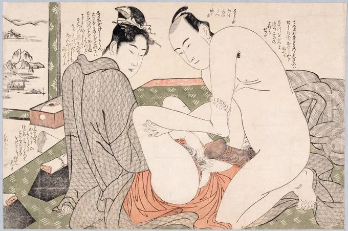 男の悩みは一物が大きすぎて女たちに断られること。
女は「なるほど、けしからんほど大きな物だ。これだと、どこへ行っても合わないと言われてしまう。」と言いながら、よく濡らして少し辛抱してみようかと話している。
彼女はこんな大きな一物は初めて見たそうだが、この後どうなったんでしょうね。 