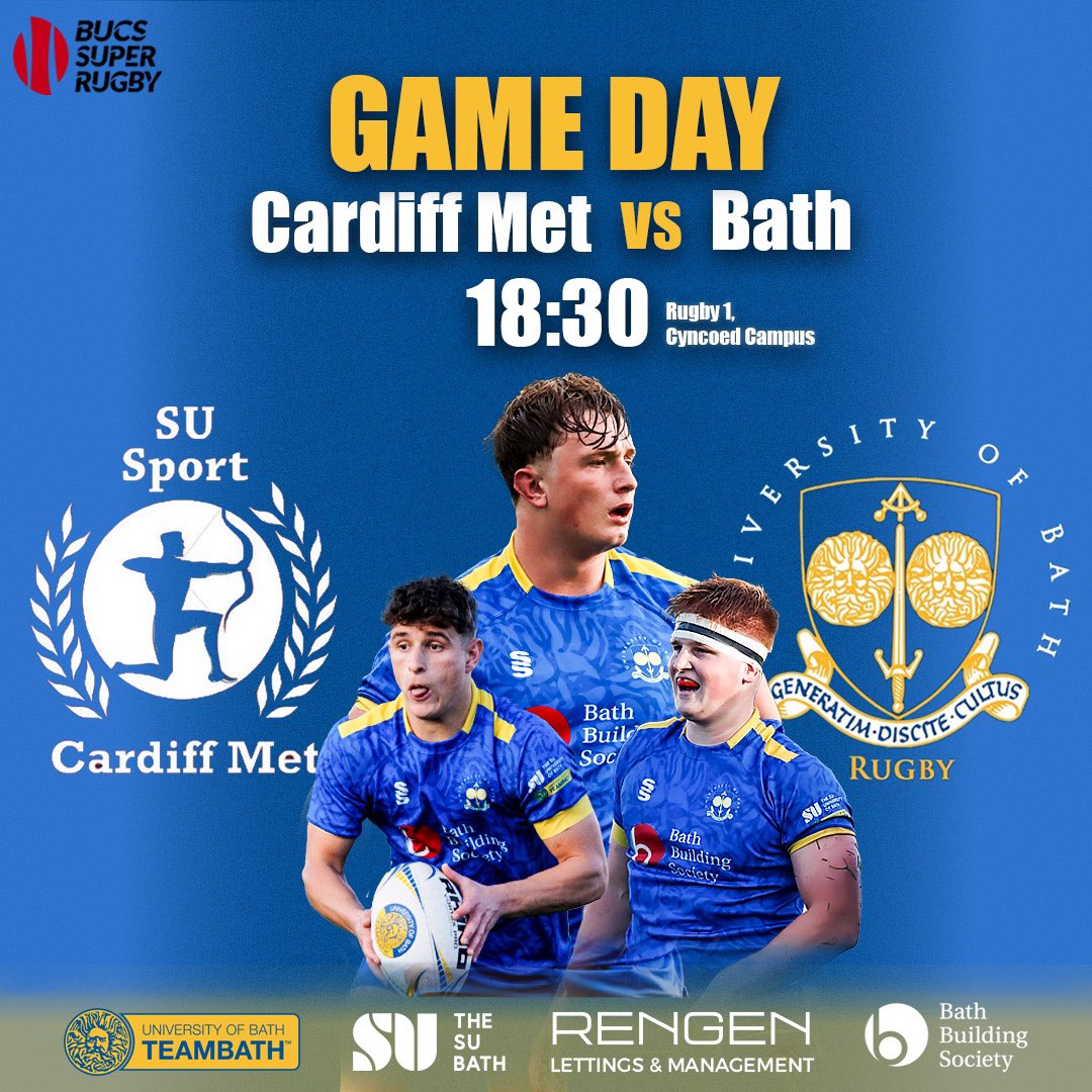 UOBathRugby's tweet photo. 🚨GAME DAY🚨
Bath take on Cardiff Met tonight at 18:30!
Be sure to support the brothers there or through the live stream on Cardiff Met Sport TV starting at 18:15.
Up the Brothers! 🔵🟡
#BFEO #BUCSSuperRugby #CDMBAT https://t.co/zO6nW9kGxP