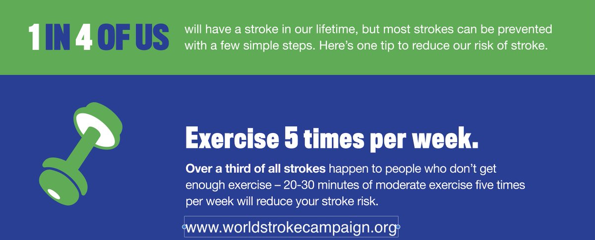 Physical inactivity is one of the top 10 risk factors for #stroke. 30 mins of exercise five times a week can reduce your risk by 20%. Find out more about stroke risks and make your prevention plan today world-stroke.org/world-stroke-d… 
#GreaterThan #WorldStrokeDay #ActOnNCDs #BeActive