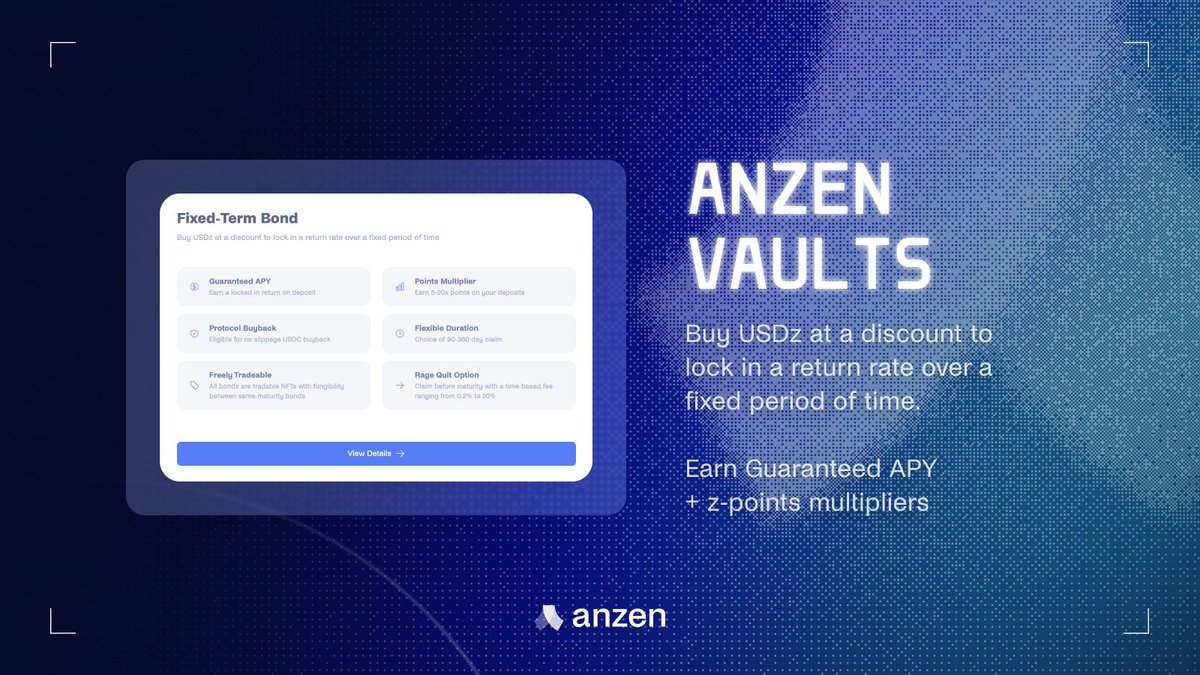 🧑‍🌾Anzen is excited to introduce USDz Vaults – a new fixed-term option designed for institutional investors and long-term farmers seeking predictability and enhanced certainty. 

Here’s what makes USDz Vaults stand out 🧵👇