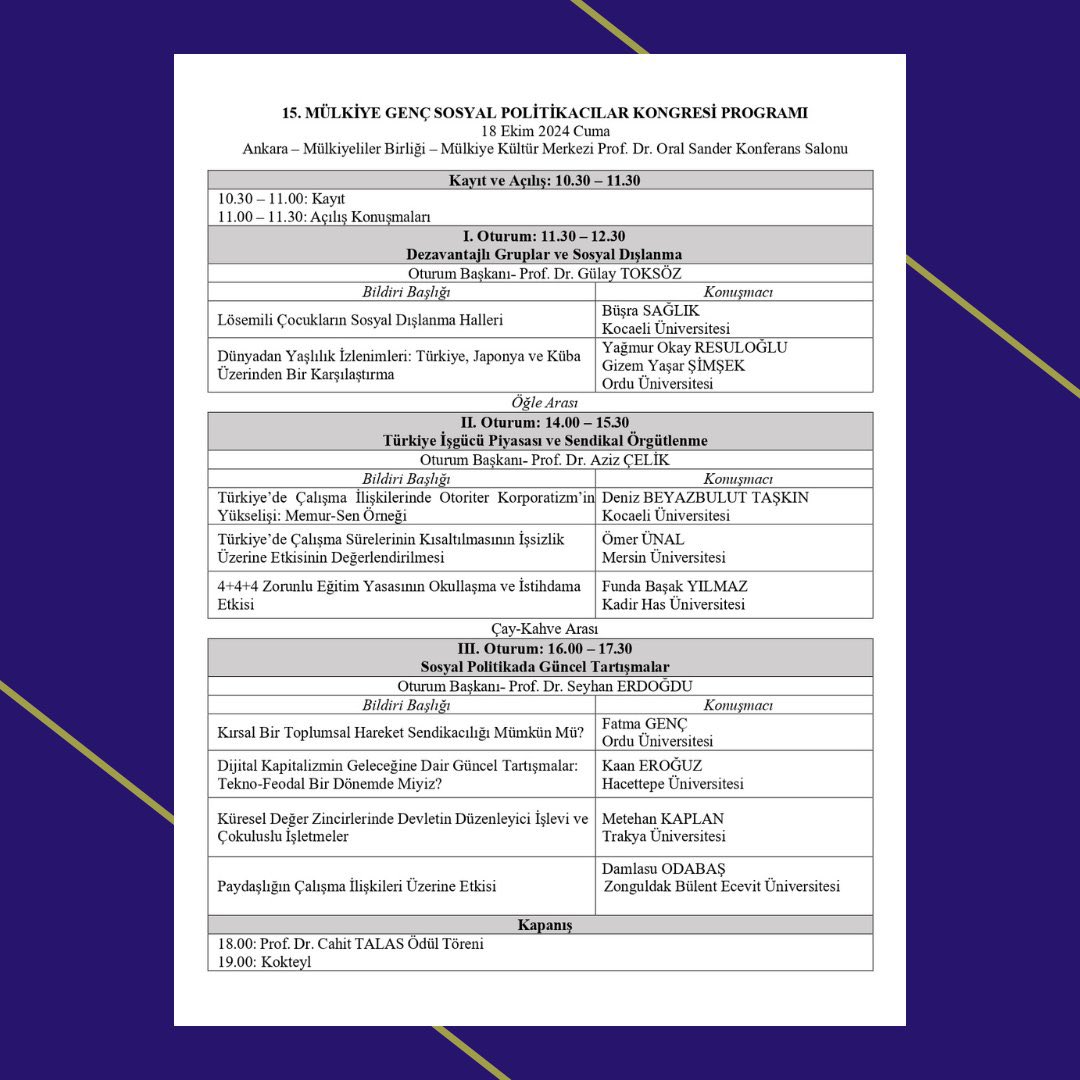 15. Mülkiye Genç Sosyal Politikacılar Kongresi’nin programı belli oldu! 

Kongremiz, 18 Ekim 2024 Cuma günü, Mülkiye Kültür Merkezi Prof.Dr.Oral Sander Konferans Salonu’nda gerçekleştirilecektir. 

mulkiye.org.tr/mulkiye-genc-s… 

<a href="/mulkiyeliler/">Mülkiyeliler Birliği</a>