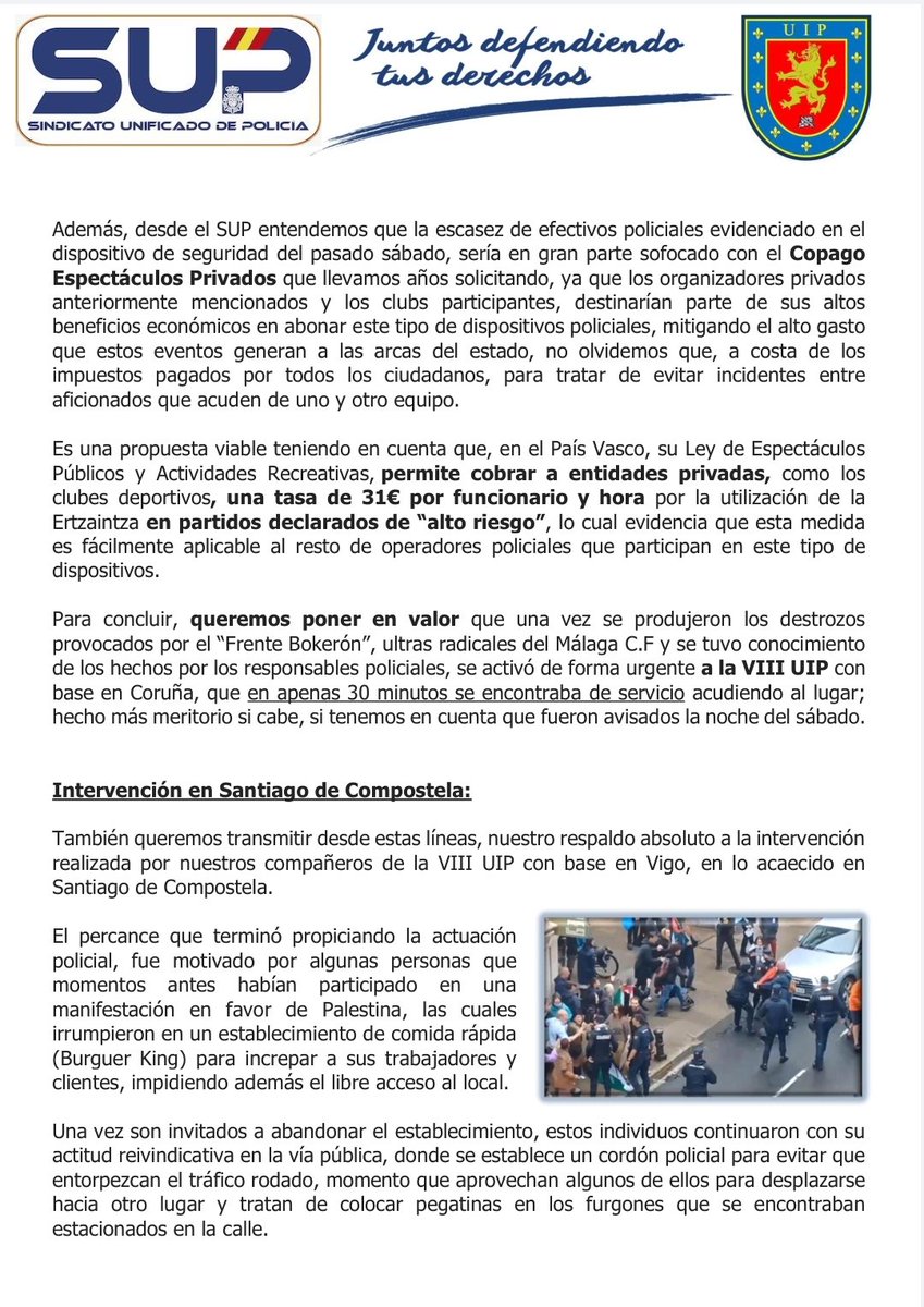 FuipSup's tweet photo. 💪🏻Apoyo sin fisuras a nuestros compañeros de la #8UIP de Coruña y Vigo.

🗣️📢 Además, seguiremos reivindicando el justo ⤵️ #CopagoEspectáculosPrivados

✅Afíliate al mejor sindicato en #UIP, vente al @Sup_Policia
https://t.co/lyLqRZVz8H

#FuerzaHonorYProtección⚔️🦁🛡️ https://t.co/DBWPQRTmGP