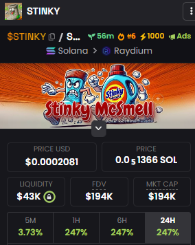 🚀 Top 6 trending on Dexscreener!  
That’s right, folks—$STINKY is climbing the ranks! It’s official: we’re in the top 6, and things are starting to smell pretty sweet.  

🧦 Contract: BwfSJ8Hi4VP9oNFKK5LhqCPAXaZPWb8AHwVE3k9Epump

🧦 Dex: dexscreener.com/solana/BwfSJ8H…