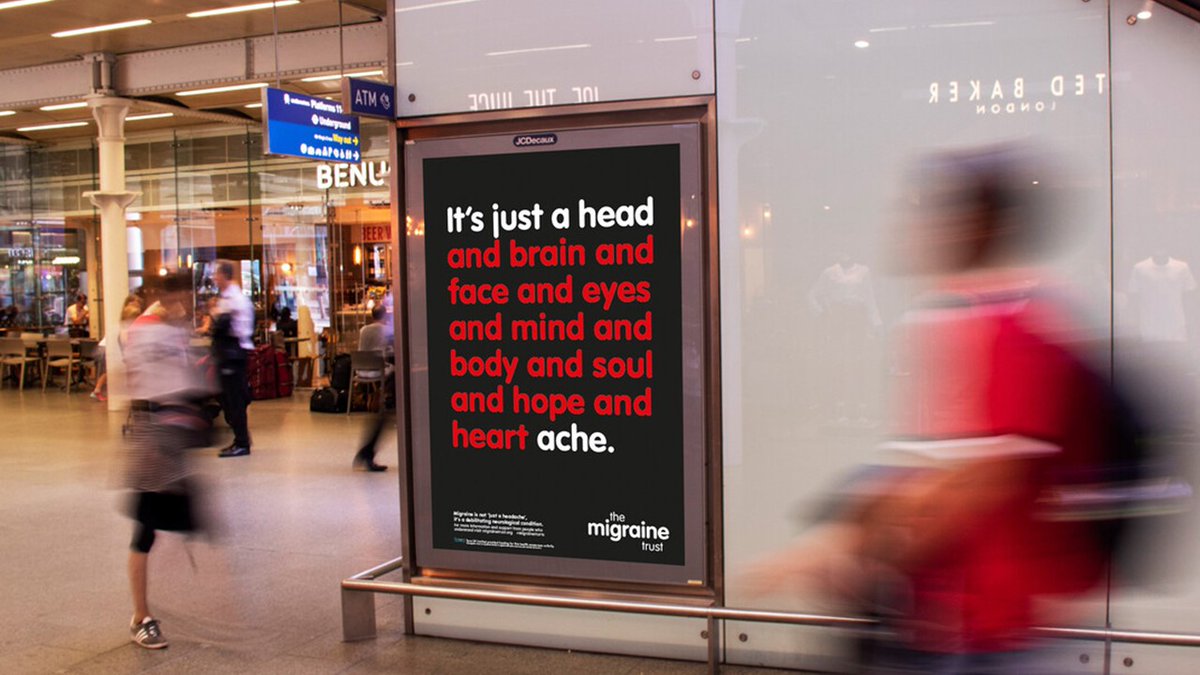 MigraineTrust's tweet photo. Have you seen our fantastic campaign posters at your train station? The posters challenge a phrase people living with migraine hear all too often; "it's just a headache", adding some of the many ways #MigraineHurts beyond head pain. If you spot a poster, tag us so we can share! https://t.co/wPhsRAJuwC