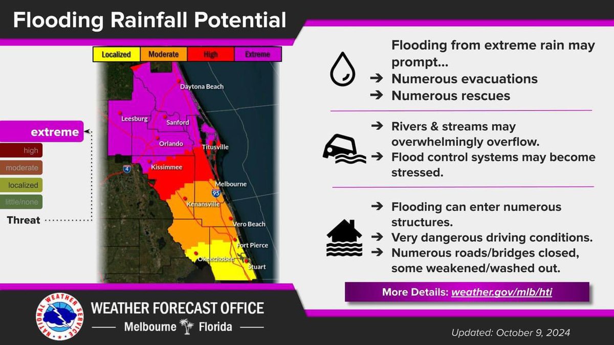 OrangeCoSheriff's tweet photo. Look closely at these maps. Understand the dangers #HurricaneMilton will bring to our area. Take precautions to protect yourself and your family.

From @NWS:

Oct. 9, 5 AM | #Milton remains a catastrophic category 5 hurricane this morning, forecast to make landfall as a dangerous major hurricane tonight. Conditions across east-central Florida worsen as the tornado threat increases this afternoon. Preparations should be complete!

Life-threatening, devastating flooding is forecast along the I-4 corridor. Many tornadoes are possible this afternoon/ tonight, especially in organized rain bands. Hurricane force winds arrive tonight into Thursday, along with an increasing threat for storm surge.

#HurricaneMilton #StayInformed #StaySafe