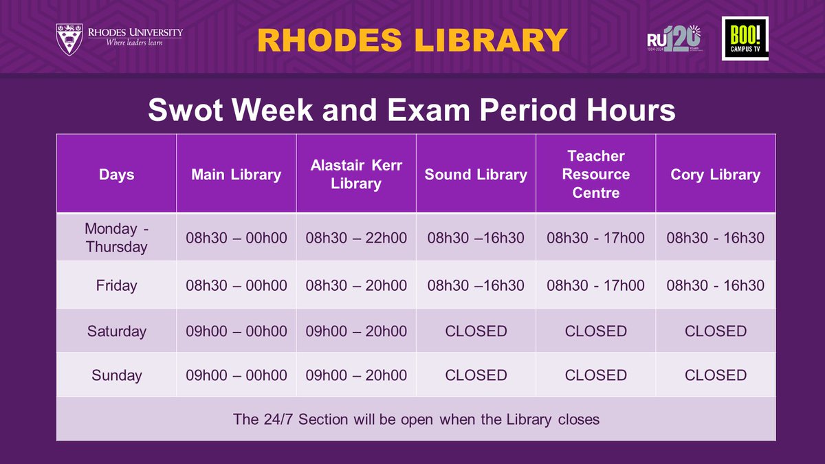 RhodesLibrary's tweet image. Please see below the Rhodes University Library&apos;s opening times for Swot Week and Exam Period (12 October  –  14 November 2024)