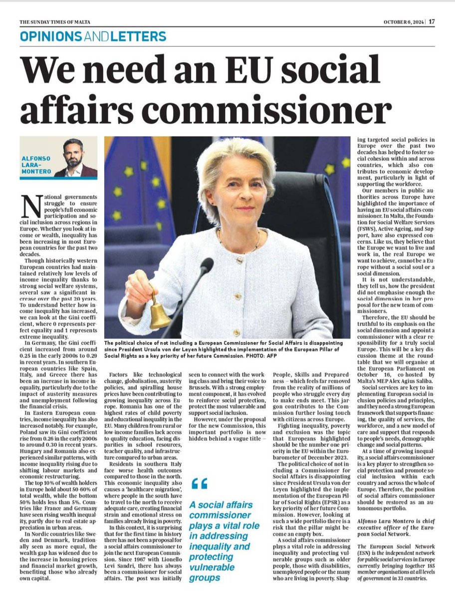 ESN CEO <a href="/A_LMontero/">Alfonso Lara-Montero</a> was recently featured in @TheTimesOfMalta highlighting the need for a Commissioner for Social Affairs in the next European Commission, following the absence of a direct proposal submitted for this portfolio.

Read more: buff.ly/4dV5Eg1