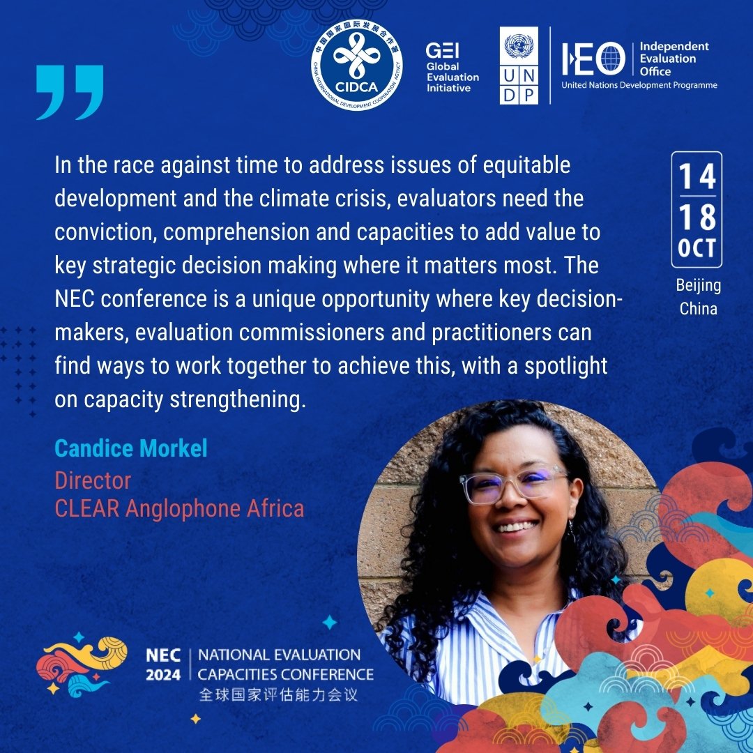 Global Evaluation Initiative (@gei_globaleval) on Twitter photo How can #evaluation systems and #DecisionMaking benefit from the inclusion of diverse knowledge and ways of knowing? 📚
📌 We'll be having that conversation at the 2024 National Evaluation Capacities (NEC) Conference in Beijing. Join <a href="/CandiceMorkel/">Candice Morkel</a> in the #NECdev session on How can #evaluation systems and #DecisionMaking benefit from the inclusion of diverse knowledge and ways of knowing? 📚
📌 We'll be having that conversation at the 2024 National Evaluation Capacities (NEC) Conference in Beijing. Join <a href="/CandiceMorkel/">Candice Morkel</a> in the #NECdev session on