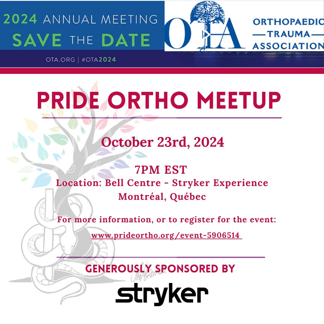 Register now for Pride Ortho Meetup at OTA in Montréal on October 23rd!
All are welcome!

For more information, or to register for the event: prideortho.org/event-5906514 

Thank you to Stryker for generously sponsoring this event.