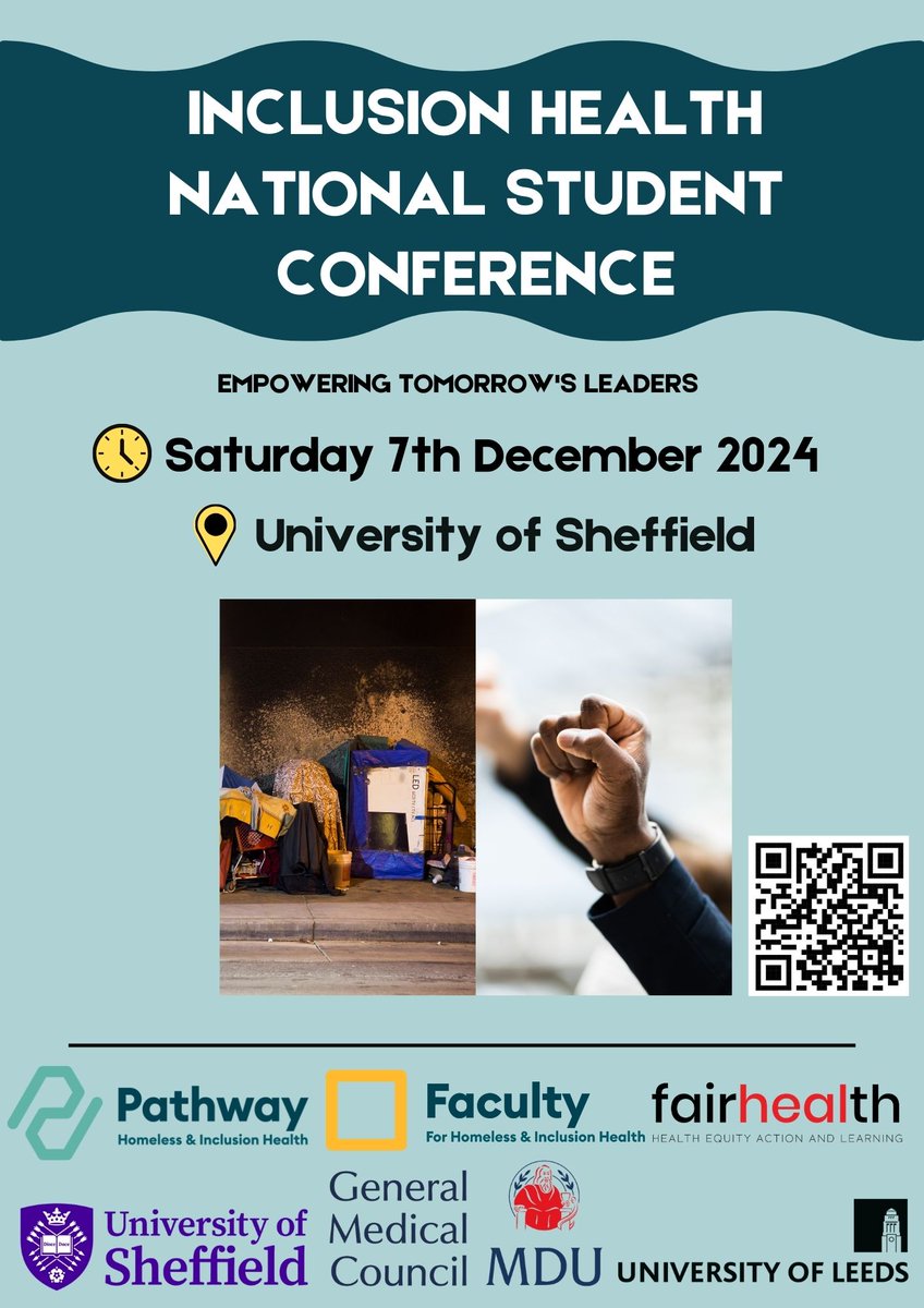 Our fantastic Faculty for Homeless &amp; Inclusion Health Student Subnetwork will be holding its first National Inclusion Health Student Conference on Saturday 7 December! Follow the link or scan the code for early-bird rate tickets or to make a submission 👉 bit.ly/4e5Dcs6