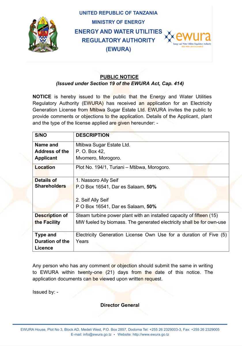 EwuraTanzania's tweet image. TAARIFA inatolewa kwa umma kwamba EWURA imepokea maombi ya kupata leseni ya kuzalisha umeme kutoka kwa kampuni ya Mtibwa Sugar Estate Ltd .

Mtu yeyote mwenye maoni au pingamizi dhidi ya maombi haya awasilishe kwa maandishi ndani ya siku ishirini na moja (21).